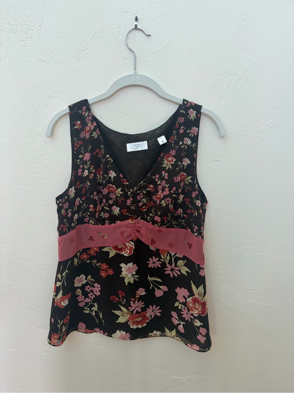 LOFT Black Floral V-Neck Sleeveless Tank with Pink Waistband